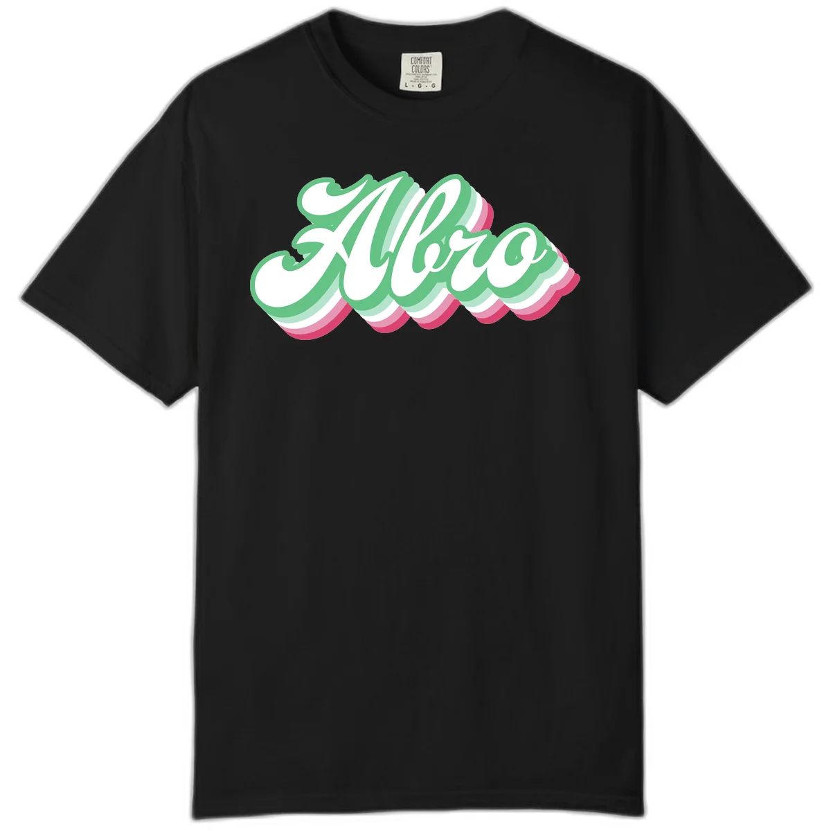 Hello wavy pride design featuring bold 3D layered text in green, pink, and white with striped pattern effect in Black