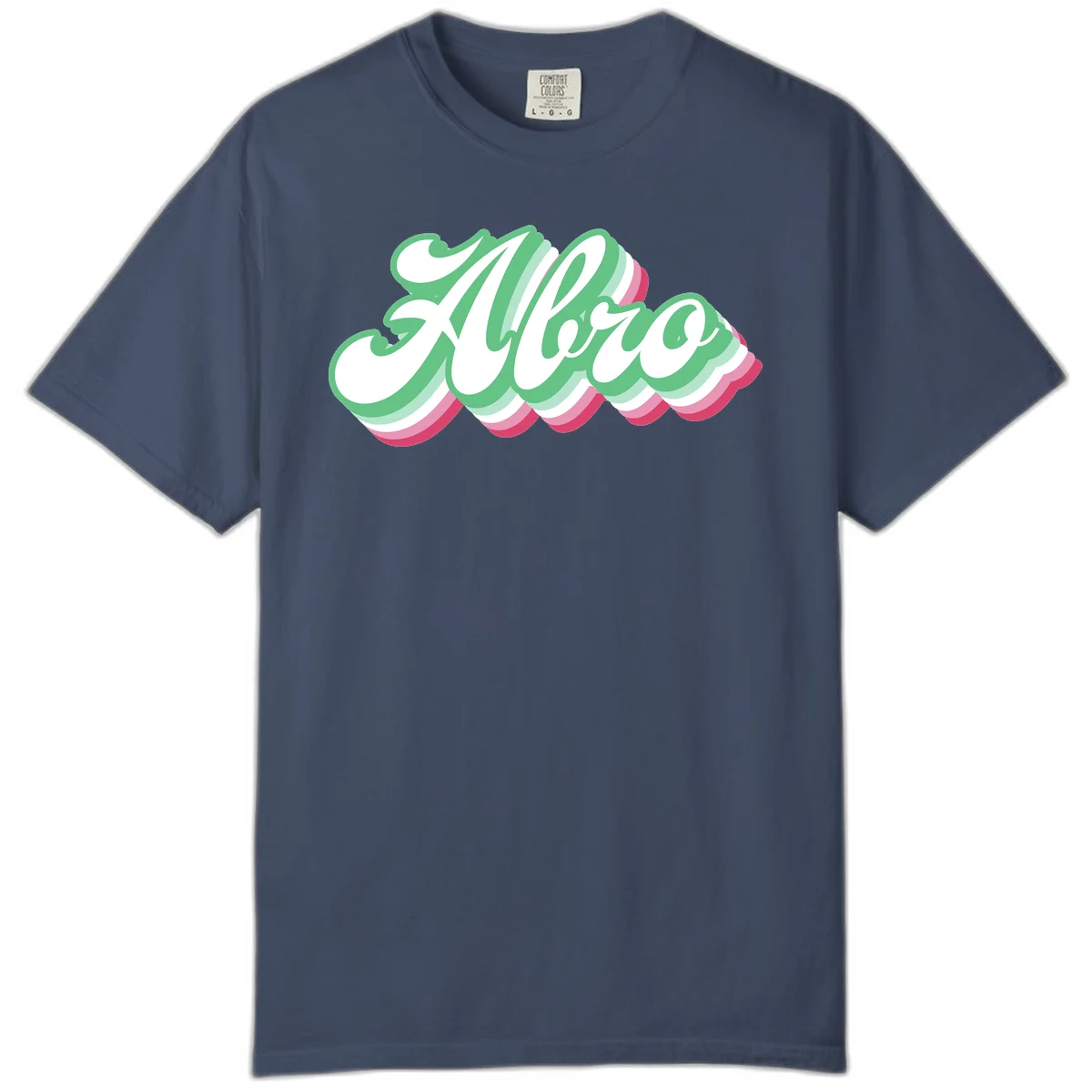 Hello wavy pride design featuring bold 3D layered text in green, pink, and white with striped pattern effect in Midnight