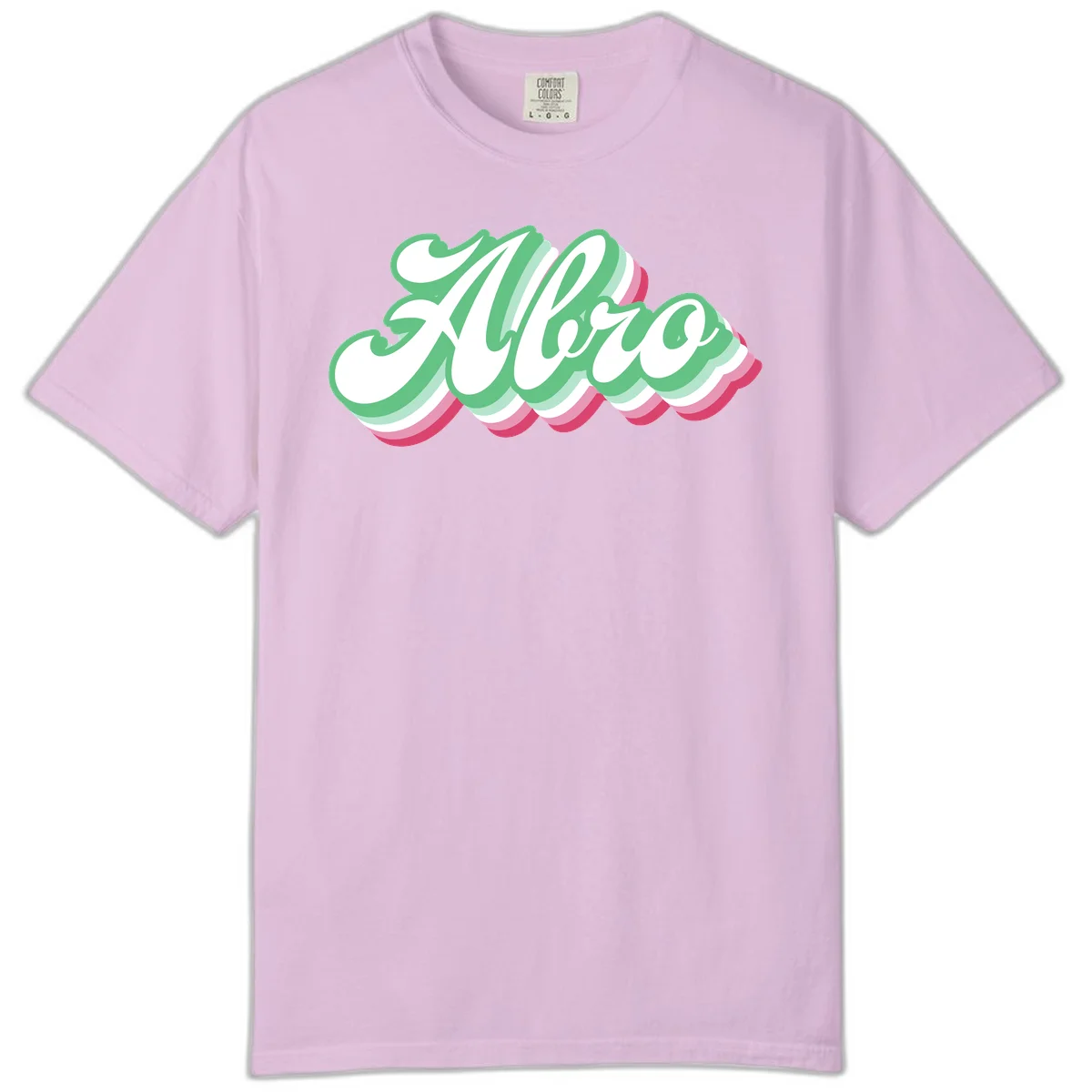 Hello wavy pride design featuring bold 3D layered text in green, pink, and white with striped pattern effect in Orchid