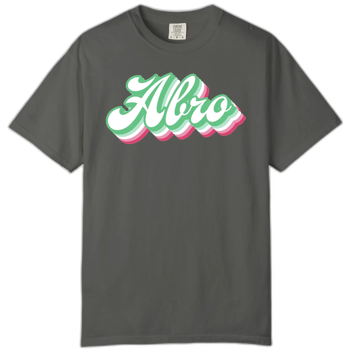 Hello wavy pride design featuring bold 3D layered text in green, pink, and white with striped pattern effect in Pepper