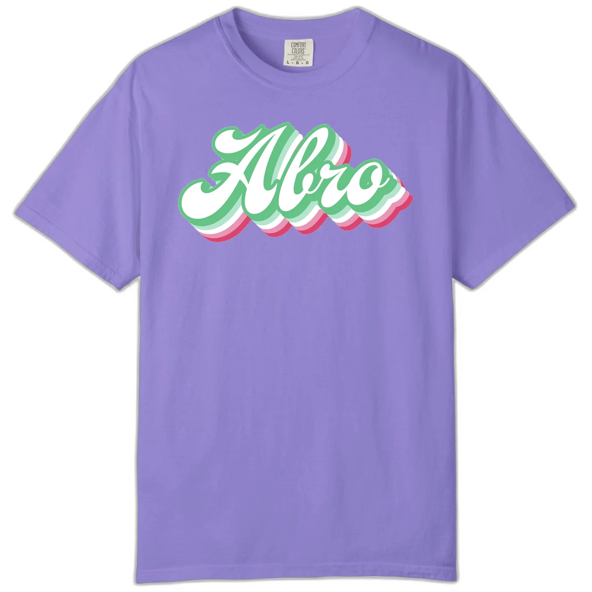 Hello wavy pride design featuring bold 3D layered text in green, pink, and white with striped pattern effect in Violet