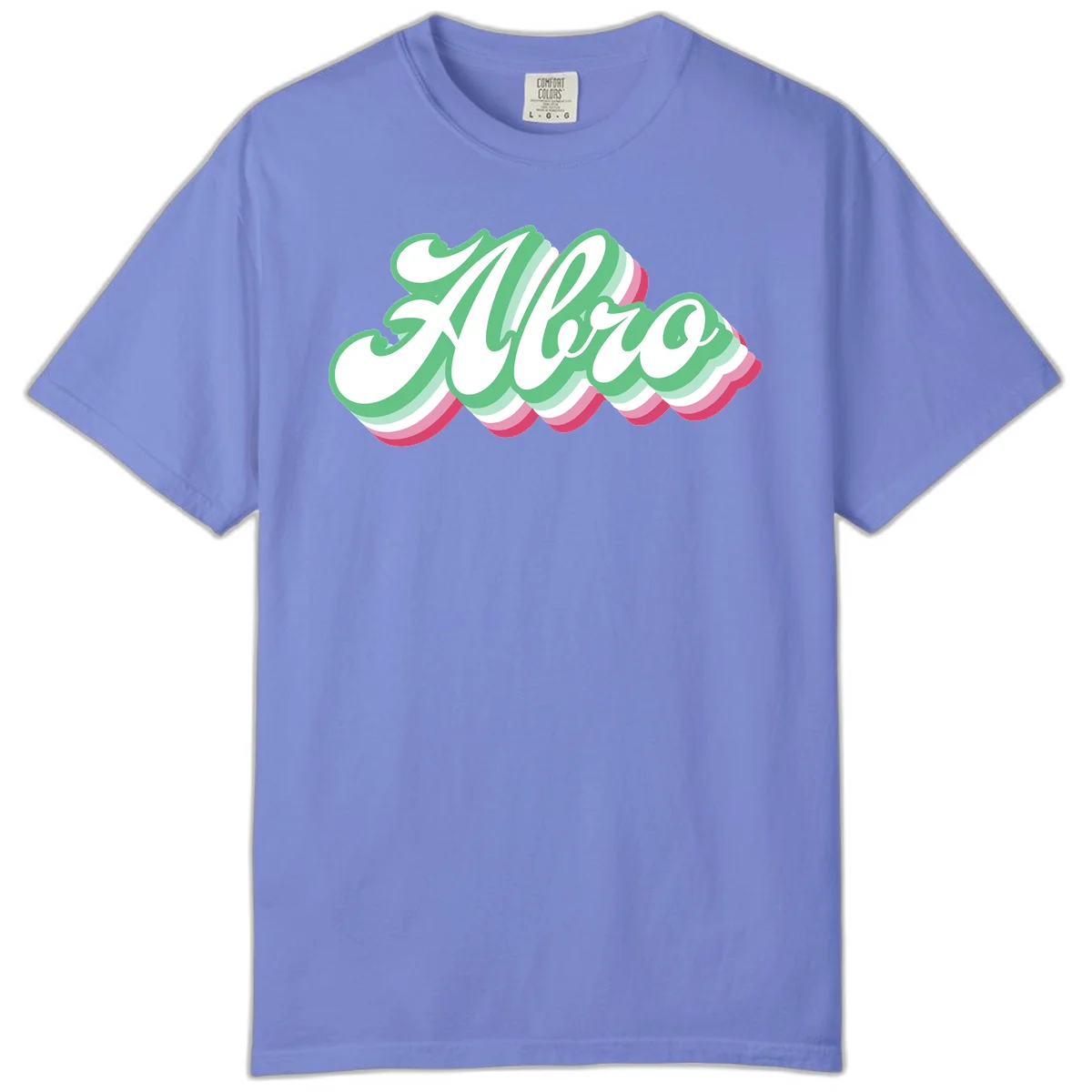 Hello wavy pride design featuring bold 3D layered text in green, pink, and white with striped pattern effect in Flo Blue