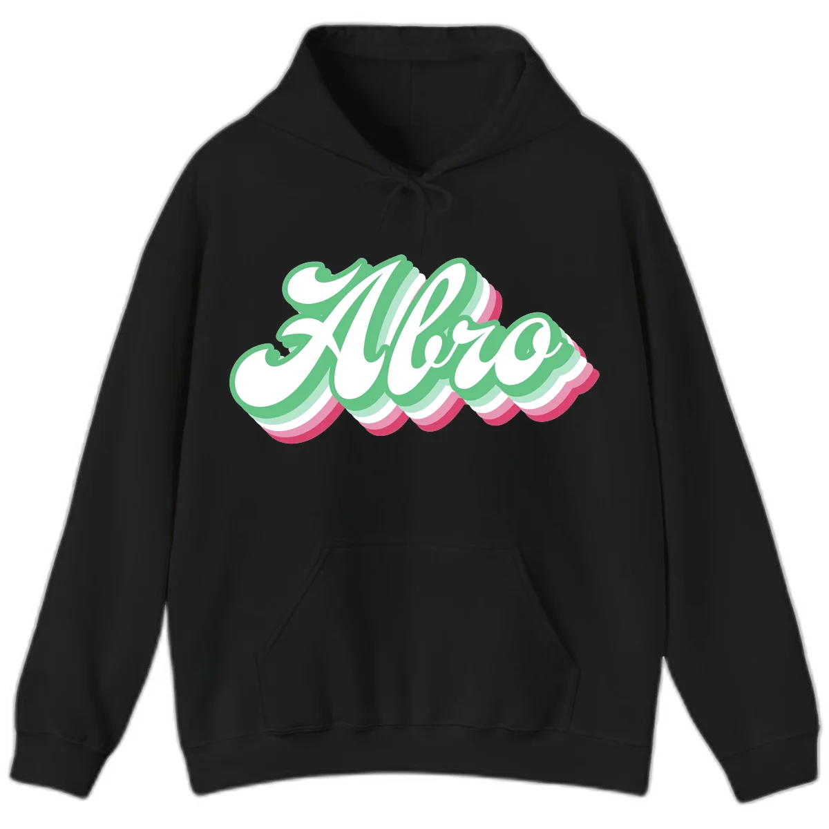 Hello wavy pride design featuring bold 3D layered text in green, pink, and white with striped pattern effect in Black