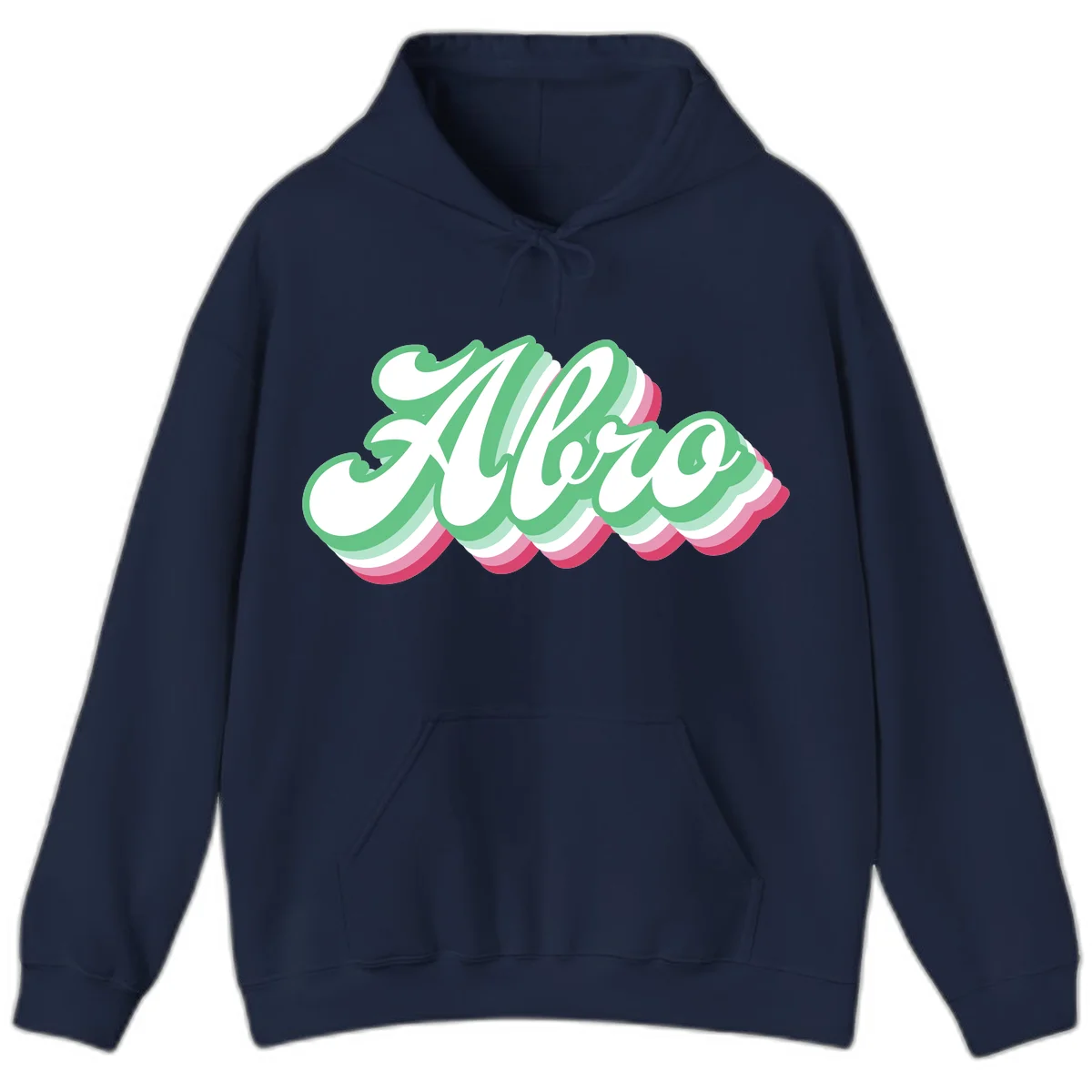 Hello wavy pride design featuring bold 3D layered text in green, pink, and white with striped pattern effect in Navy