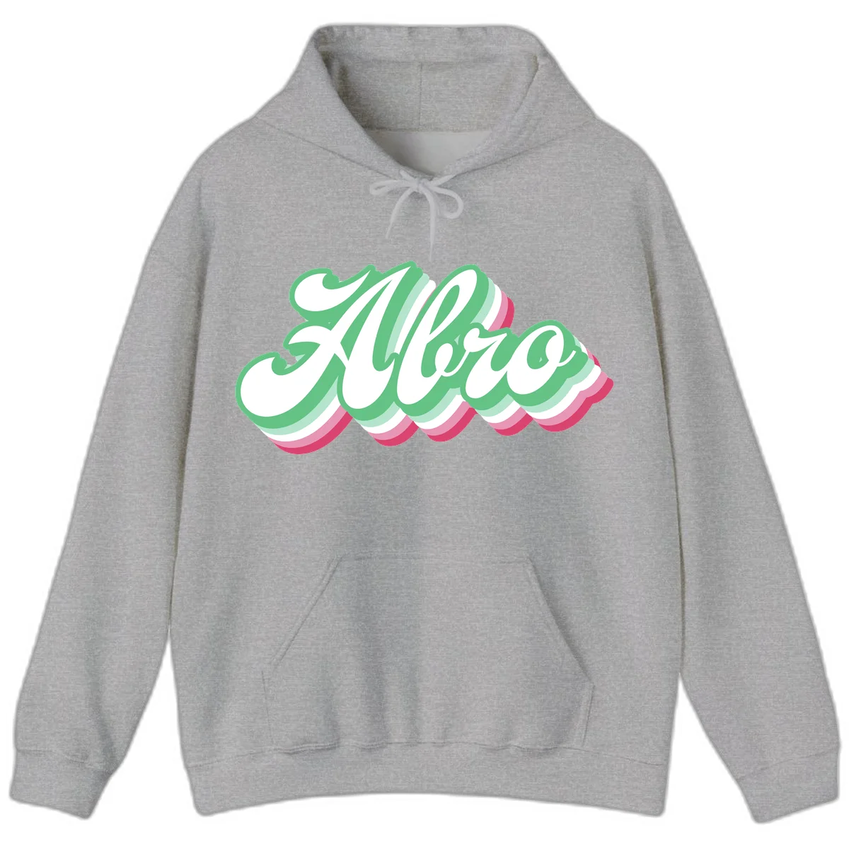 Hello wavy pride design featuring bold 3D layered text in green, pink, and white with striped pattern effect in Sport Grey