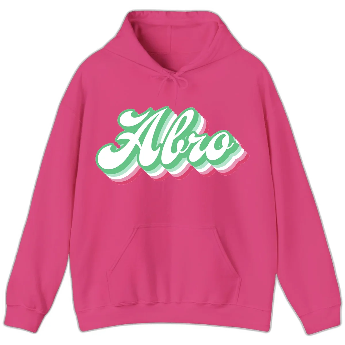 Hello wavy pride design featuring bold 3D layered text in green, pink, and white with striped pattern effect in Heliconia