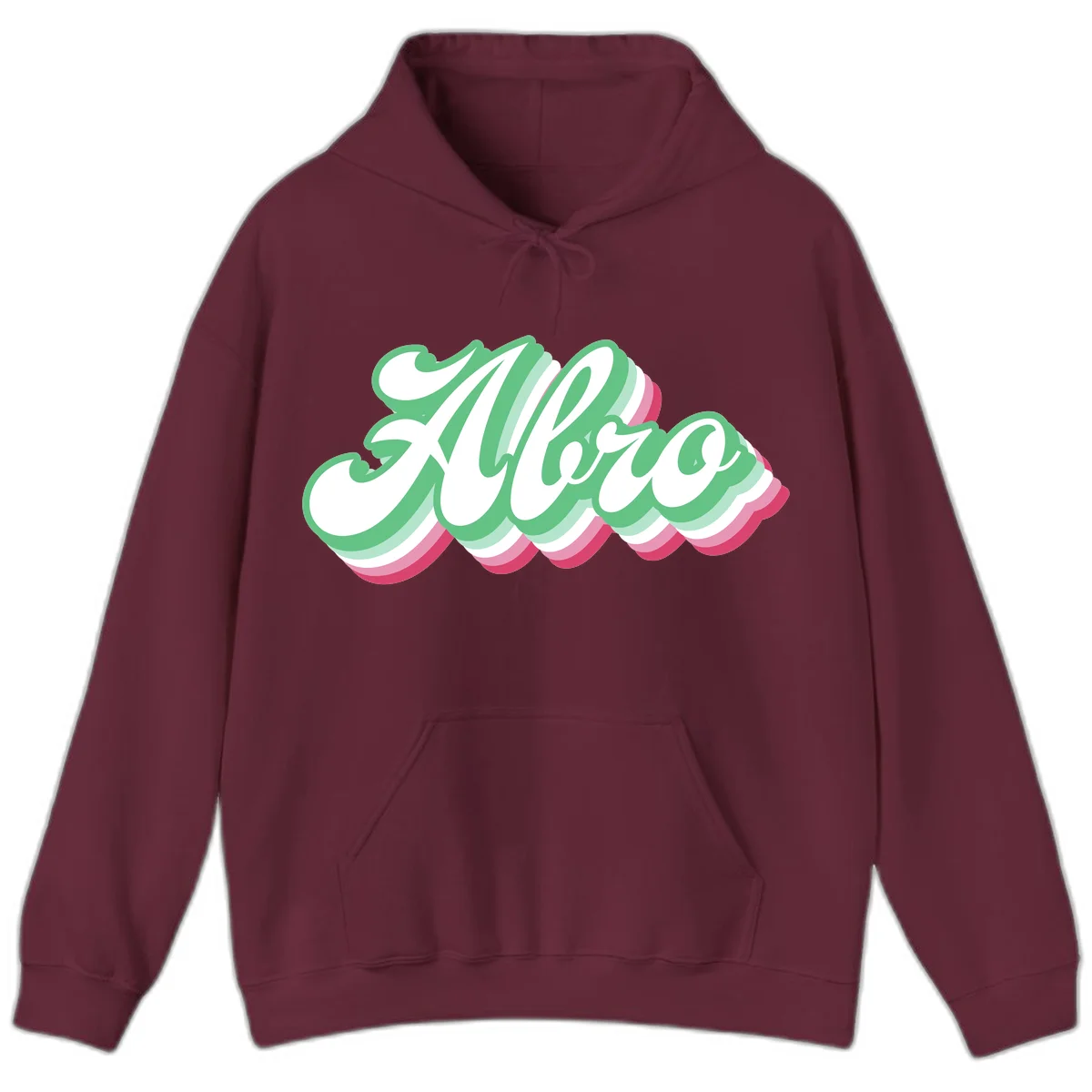 Hello wavy pride design featuring bold 3D layered text in green, pink, and white with striped pattern effect in Maroon