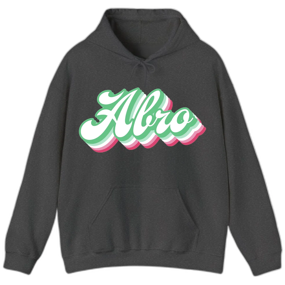 Hello wavy pride design featuring bold 3D layered text in green, pink, and white with striped pattern effect in Dark Heather
