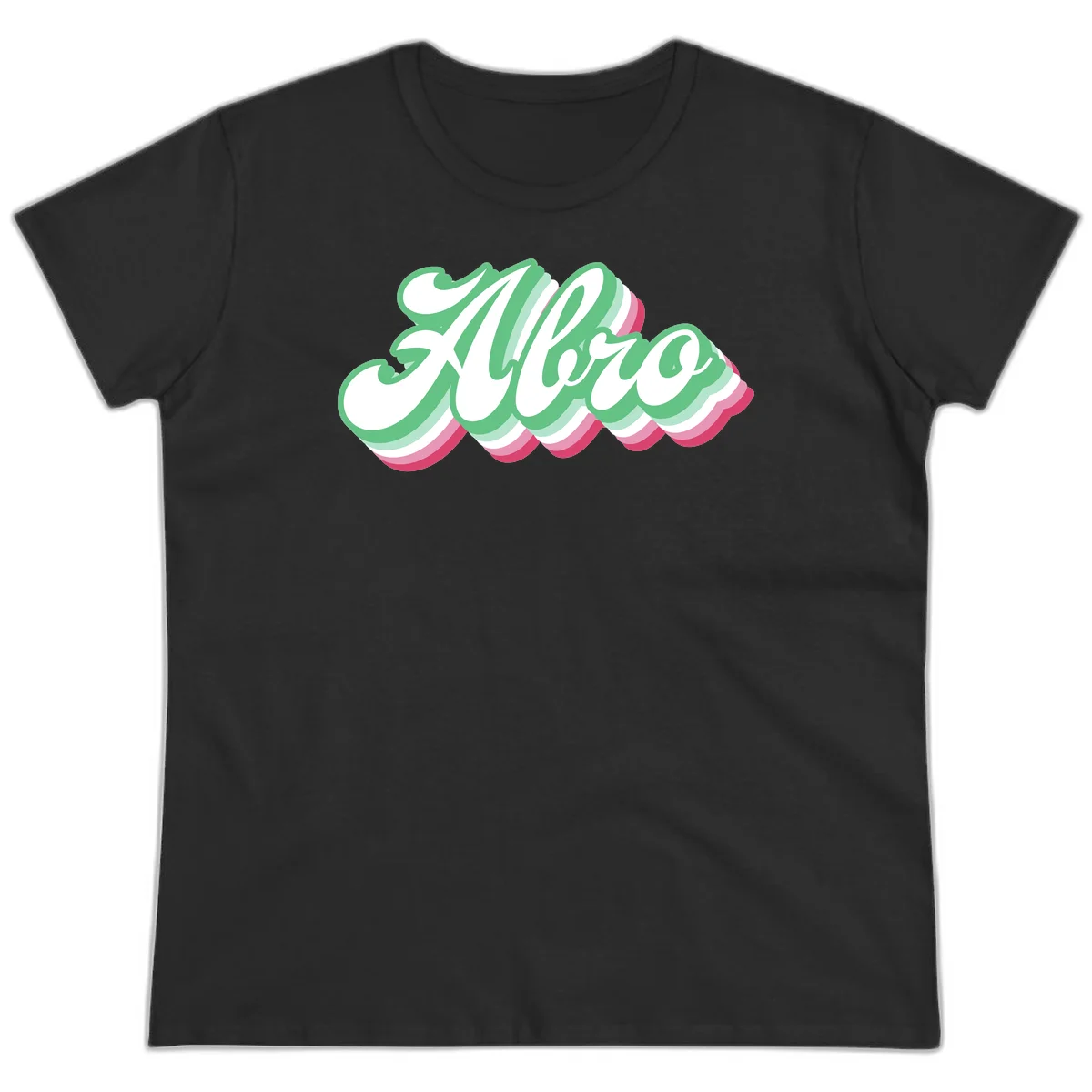 Hello wavy pride design featuring bold 3D layered text in green, pink, and white with striped pattern effect in Black