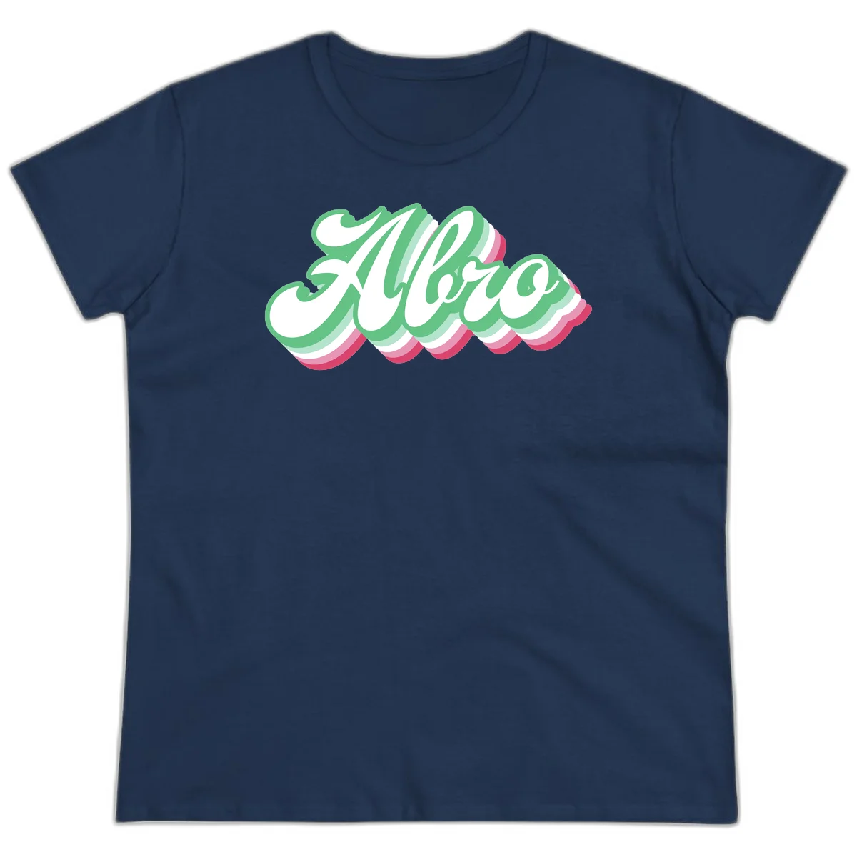 Hello wavy pride design featuring bold 3D layered text in green, pink, and white with striped pattern effect in Navy