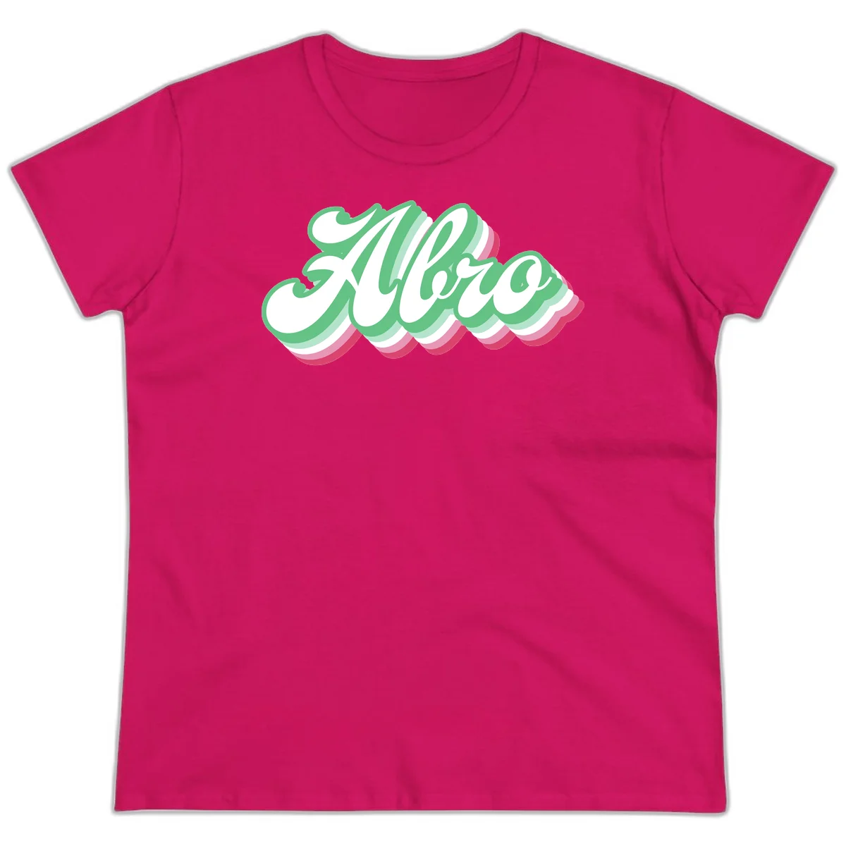 Hello wavy pride design featuring bold 3D layered text in green, pink, and white with striped pattern effect in Heliconia