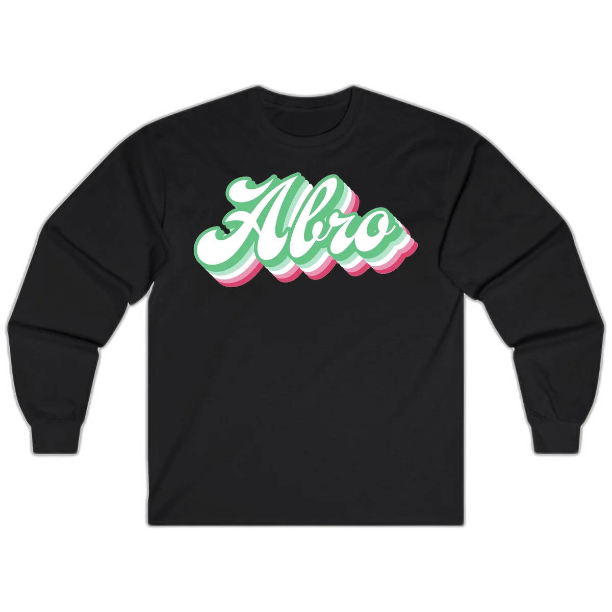 Hello wavy pride design featuring bold 3D layered text in green, pink, and white with striped pattern effect in Black