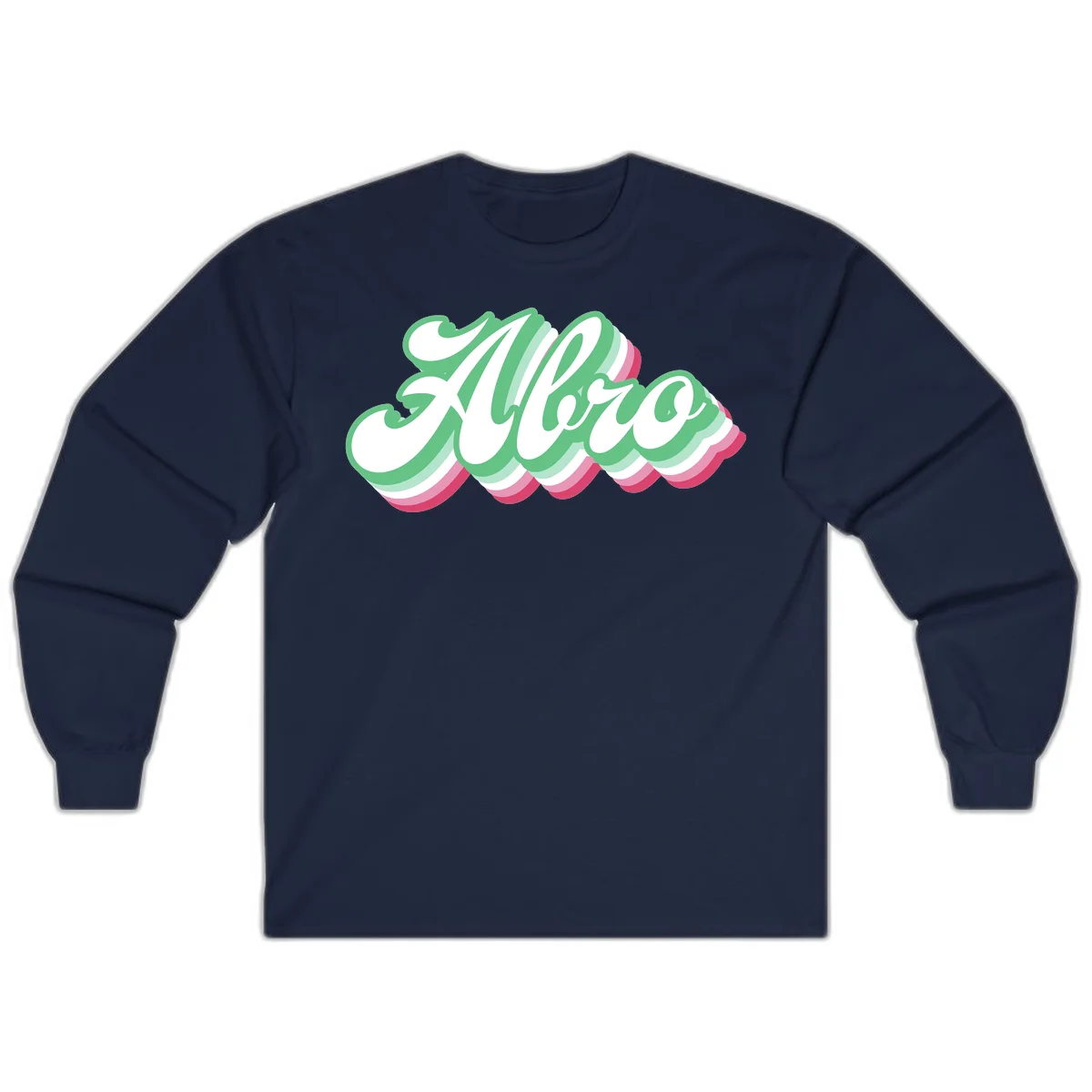 Hello wavy pride design featuring bold 3D layered text in green, pink, and white with striped pattern effect in Navy