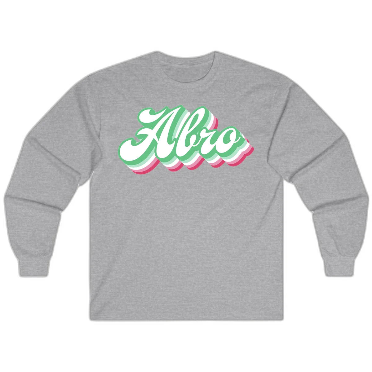 Hello wavy pride design featuring bold 3D layered text in green, pink, and white with striped pattern effect in Sport Grey