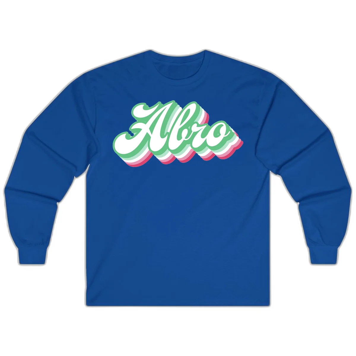 Hello wavy pride design featuring bold 3D layered text in green, pink, and white with striped pattern effect in Royal