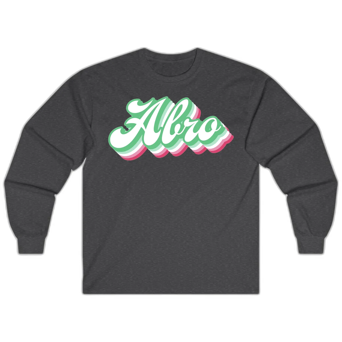 Hello wavy pride design featuring bold 3D layered text in green, pink, and white with striped pattern effect in Dark Heather