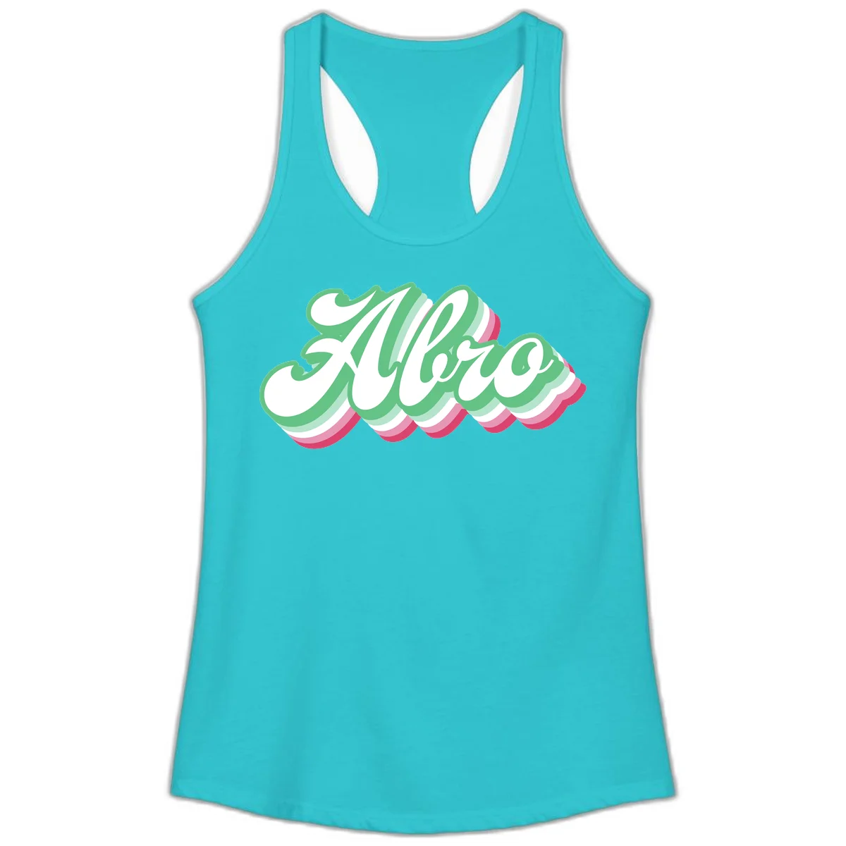 Hello wavy pride design featuring bold 3D layered text in green, pink, and white with striped pattern effect in Solid Tahiti Blue