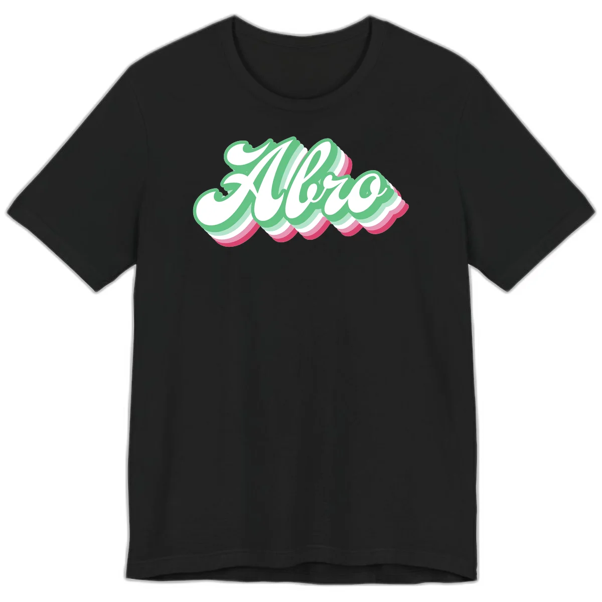 Hello wavy pride design featuring bold 3D layered text in green, pink, and white with striped pattern effect in Black