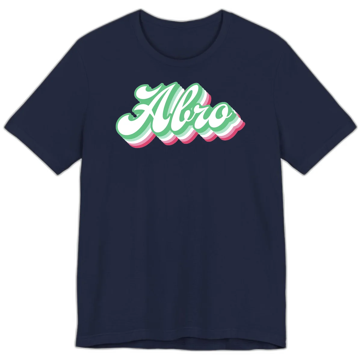 Hello wavy pride design featuring bold 3D layered text in green, pink, and white with striped pattern effect in Navy
