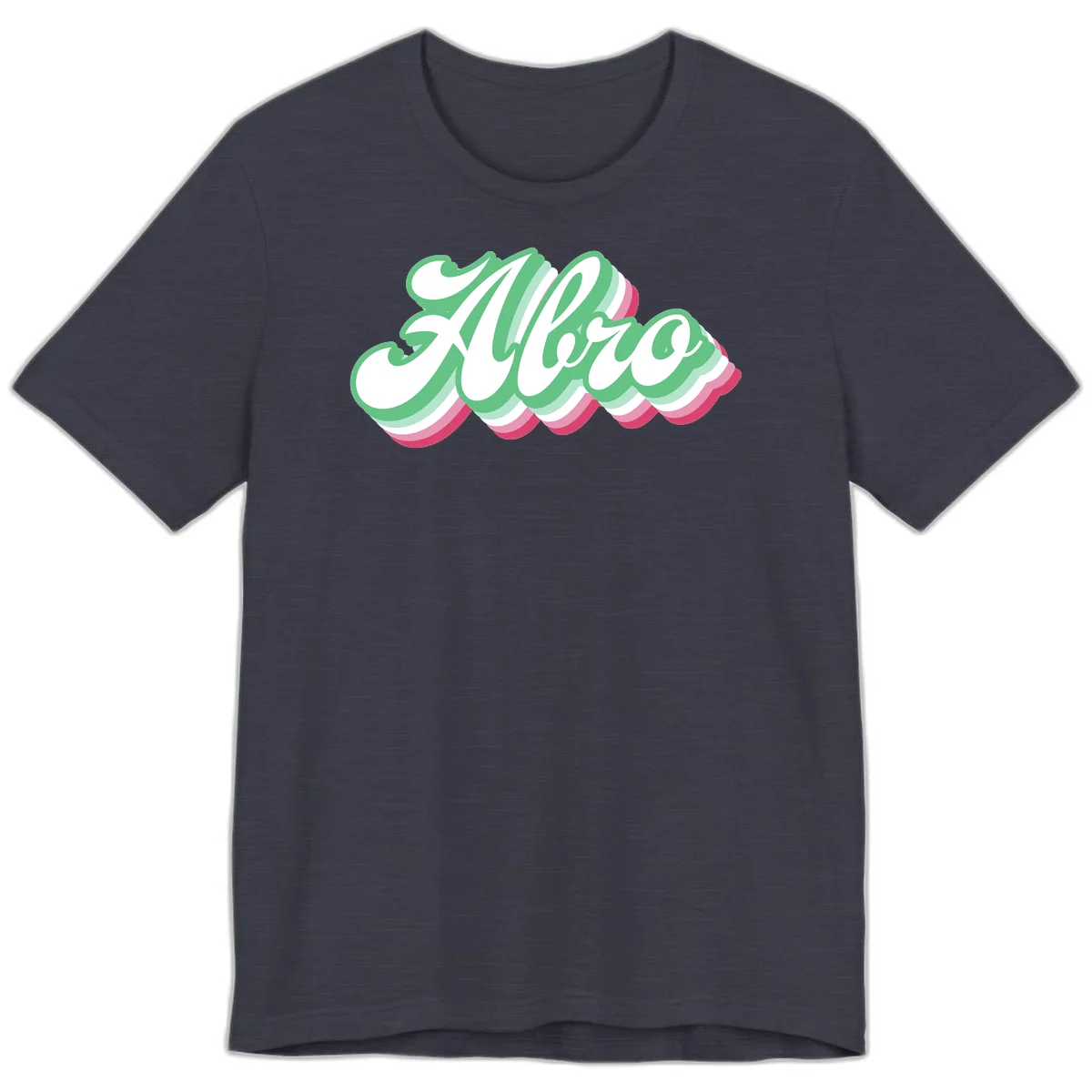 Hello wavy pride design featuring bold 3D layered text in green, pink, and white with striped pattern effect in Heather Midnight Navy