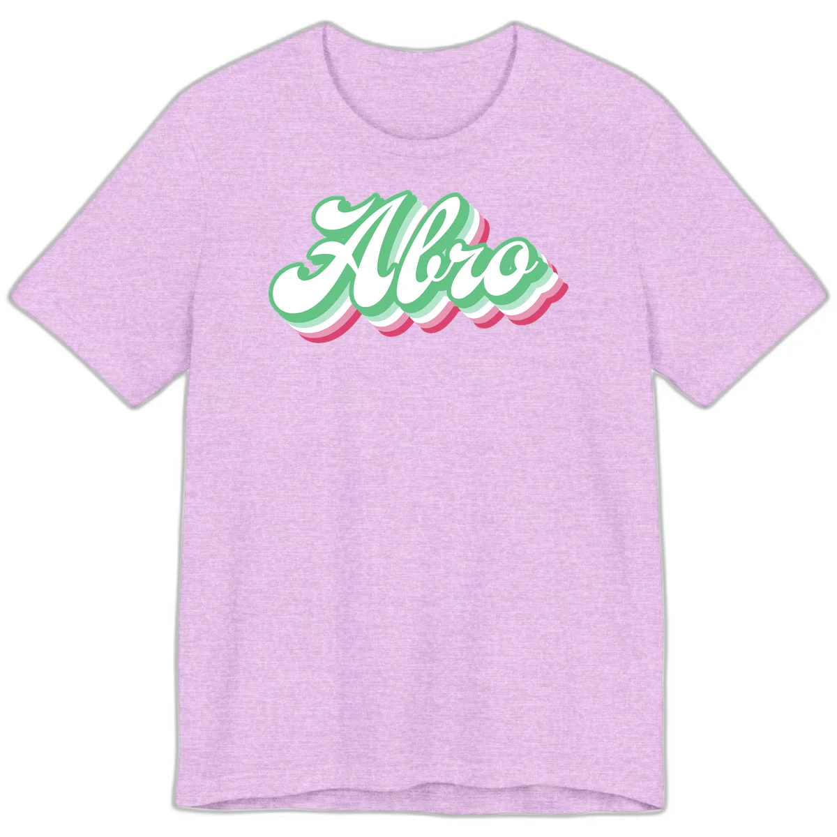 Hello wavy pride design featuring bold 3D layered text in green, pink, and white with striped pattern effect in Heather Prism Lilac