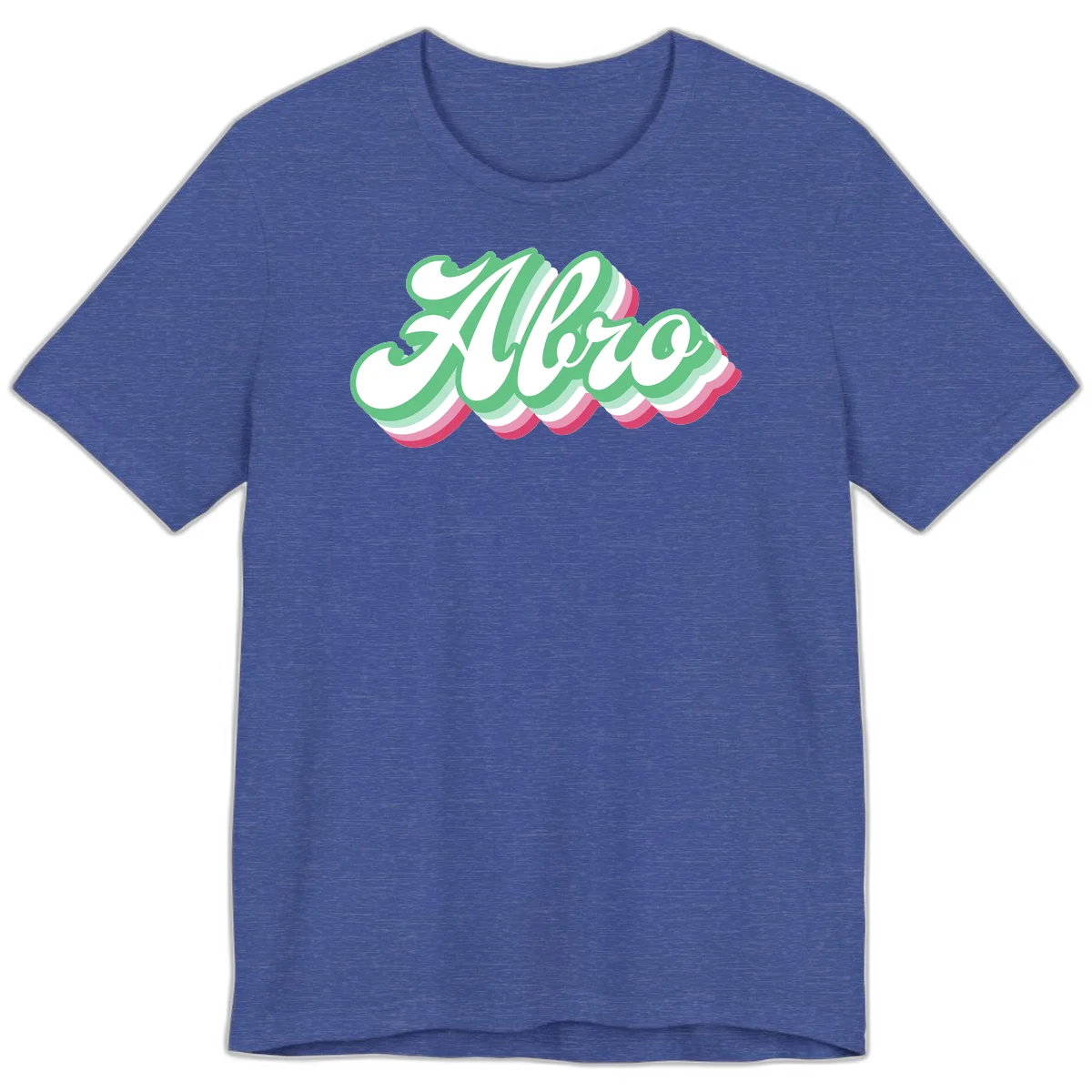 Hello wavy pride design featuring bold 3D layered text in green, pink, and white with striped pattern effect in Heather True Royal