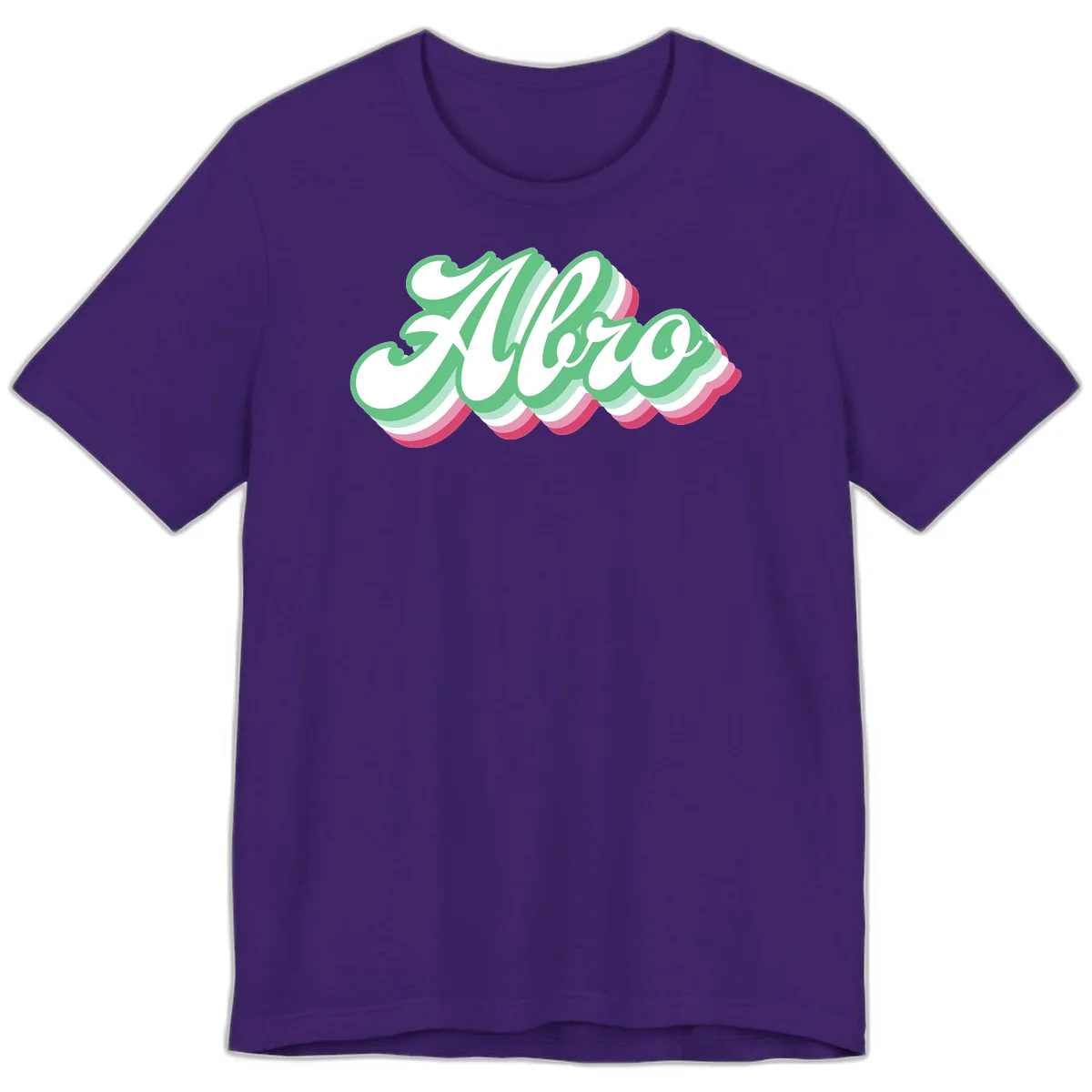 Hello wavy pride design featuring bold 3D layered text in green, pink, and white with striped pattern effect in Team Purple