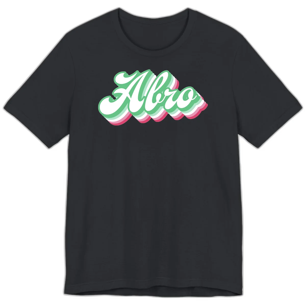 Hello wavy pride design featuring bold 3D layered text in green, pink, and white with striped pattern effect in Vintage Black