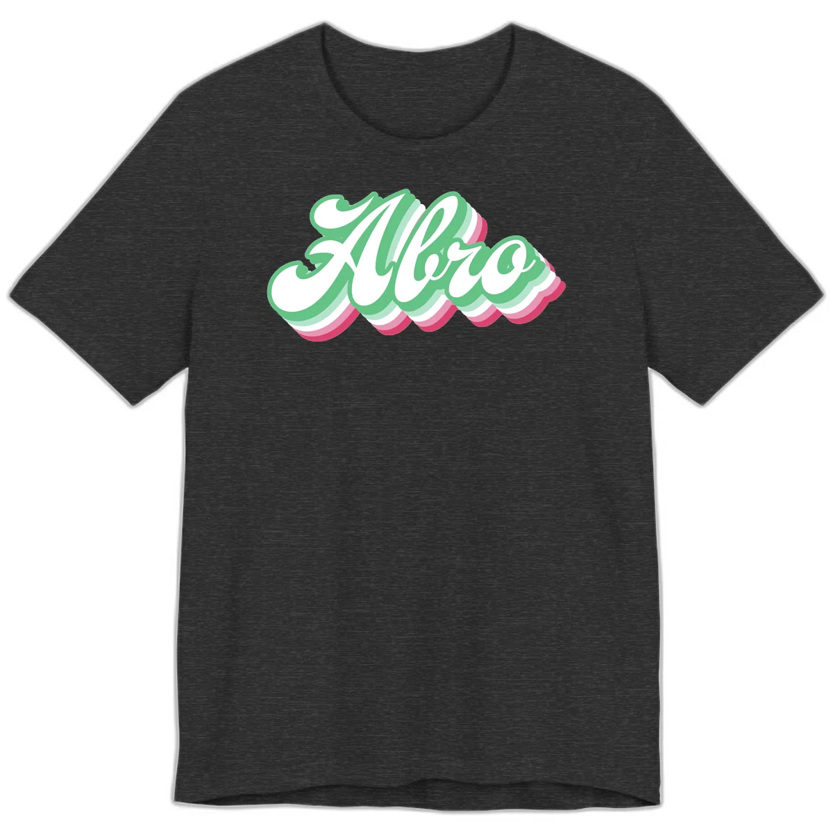 Hello wavy pride design featuring bold 3D layered text in green, pink, and white with striped pattern effect in Dark Grey Heather