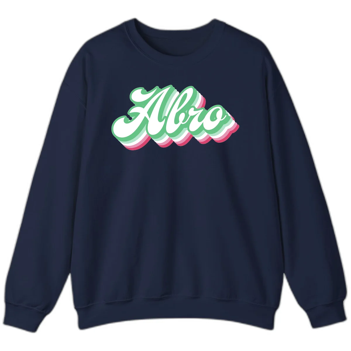 Hello wavy pride design featuring bold 3D layered text in green, pink, and white with striped pattern effect in Navy