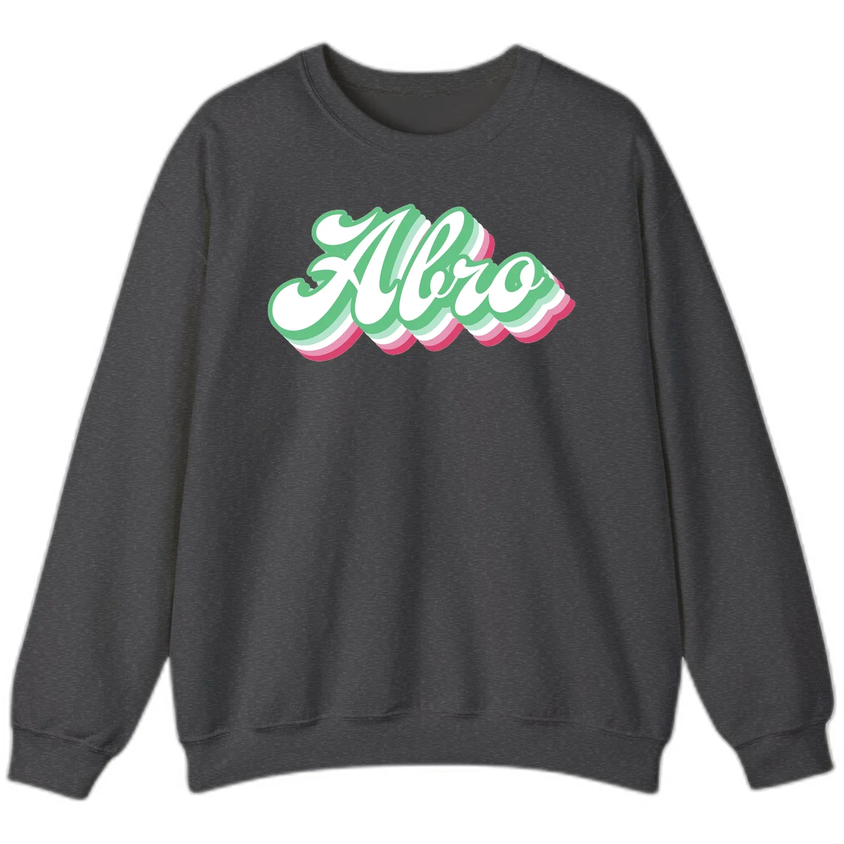 Hello wavy pride design featuring bold 3D layered text in green, pink, and white with striped pattern effect in Dark Heather