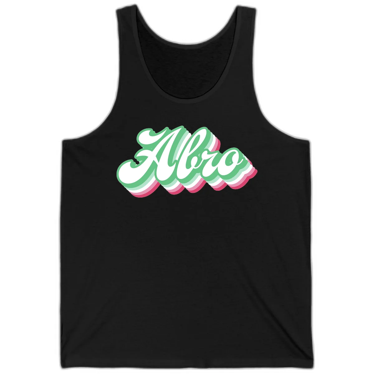 Hello wavy pride design featuring bold 3D layered text in green, pink, and white with striped pattern effect in Black