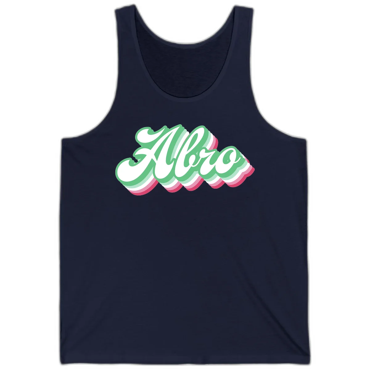 Hello wavy pride design featuring bold 3D layered text in green, pink, and white with striped pattern effect in Navy