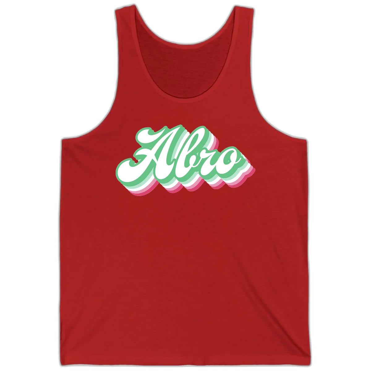 Hello wavy pride design featuring bold 3D layered text in green, pink, and white with striped pattern effect in Red