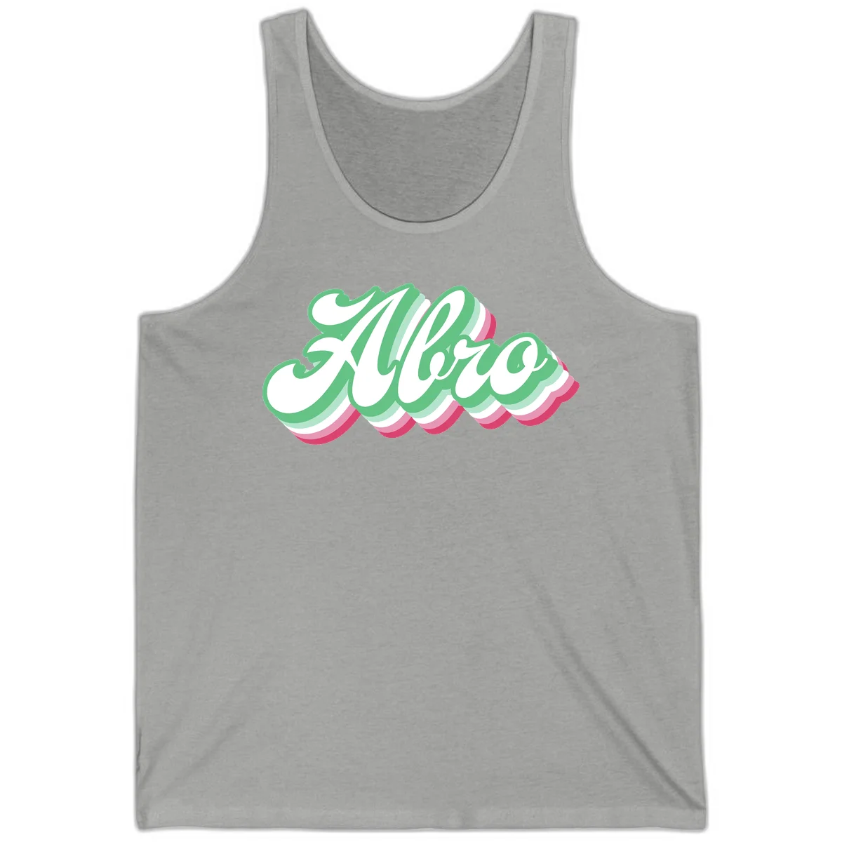 Hello wavy pride design featuring bold 3D layered text in green, pink, and white with striped pattern effect in Athletic Heather
