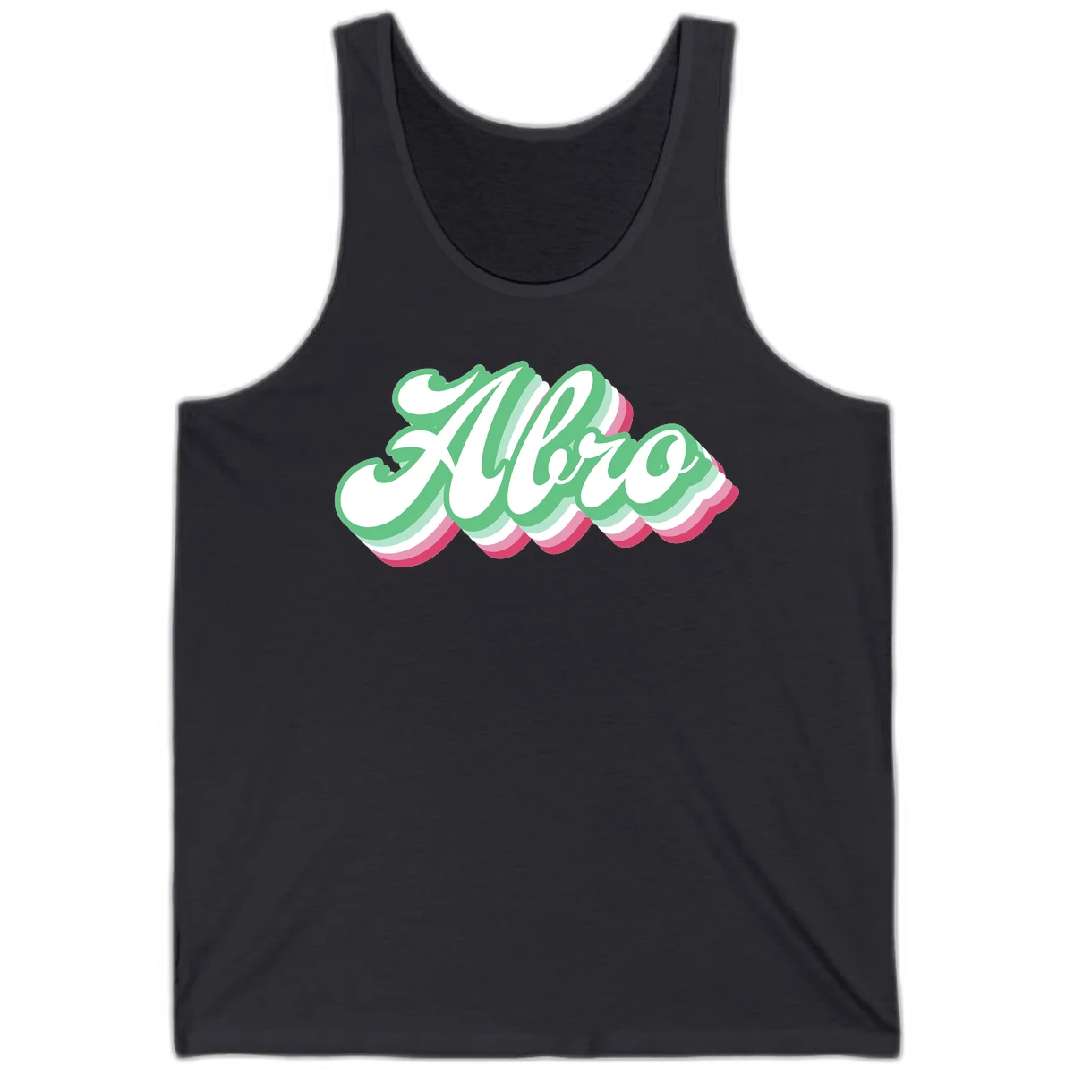 Hello wavy pride design featuring bold 3D layered text in green, pink, and white with striped pattern effect in Dark Grey