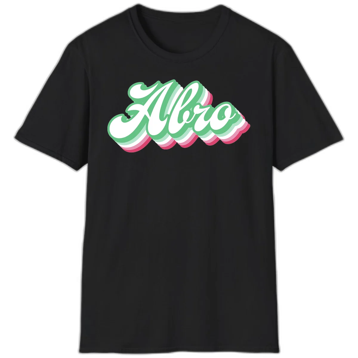 Hello wavy pride design featuring bold 3D layered text in green, pink, and white with striped pattern effect in Black