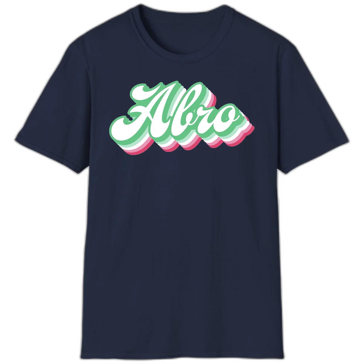 Hello wavy pride design featuring bold 3D layered text in green, pink, and white with striped pattern effect in Navy