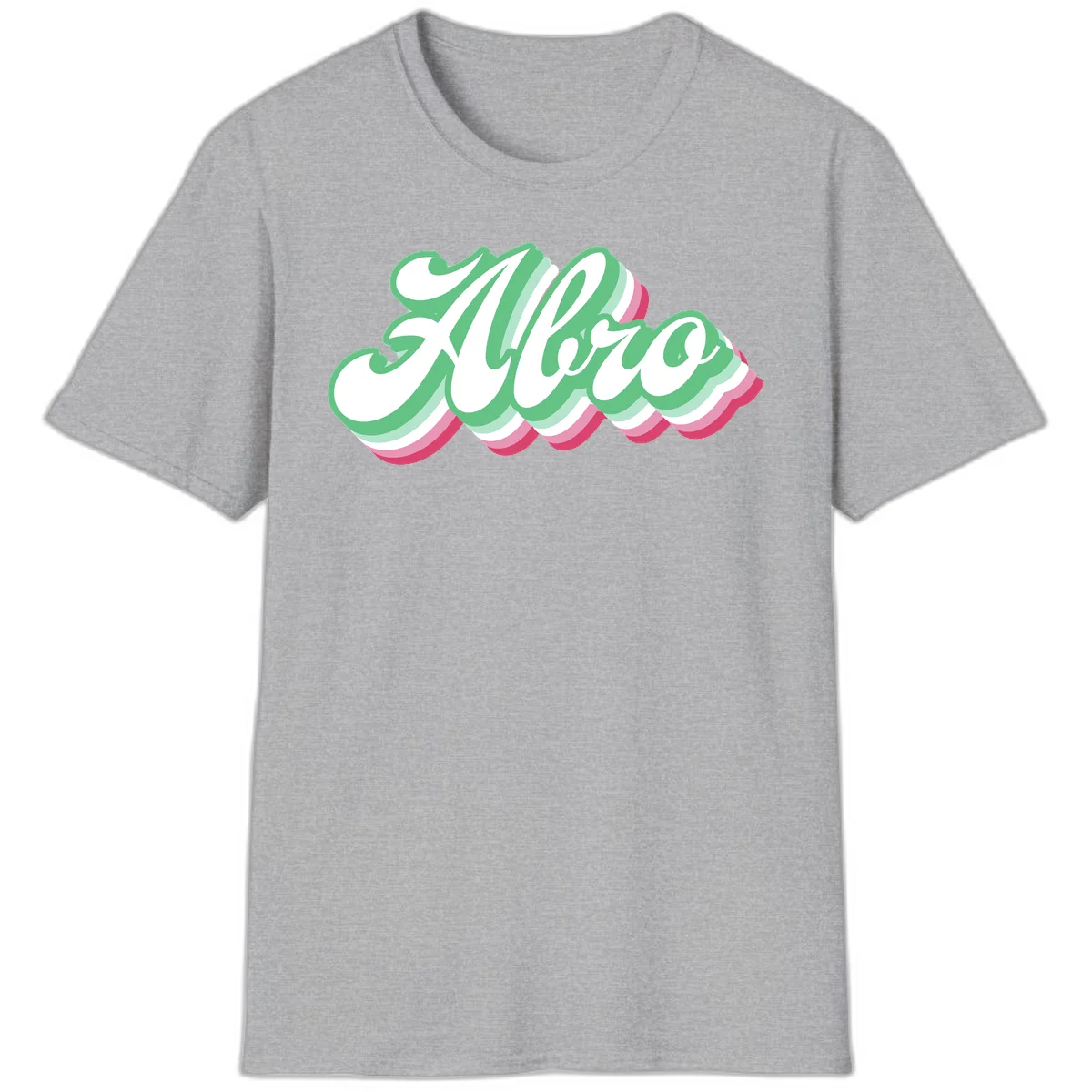 Hello wavy pride design featuring bold 3D layered text in green, pink, and white with striped pattern effect in Sport Grey