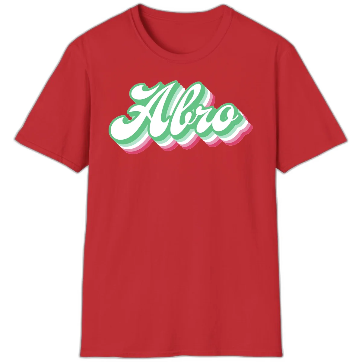 Hello wavy pride design featuring bold 3D layered text in green, pink, and white with striped pattern effect in Red
