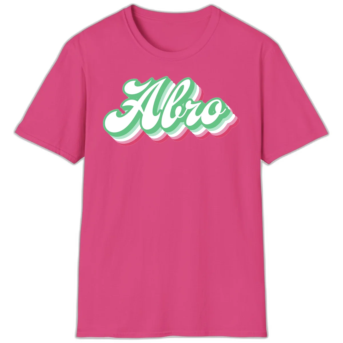 Hello wavy pride design featuring bold 3D layered text in green, pink, and white with striped pattern effect in Heliconia