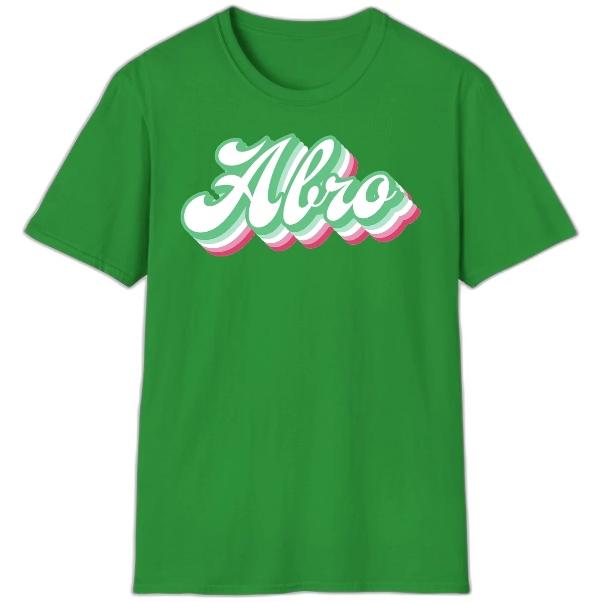 Hello wavy pride design featuring bold 3D layered text in green, pink, and white with striped pattern effect in Irish Green