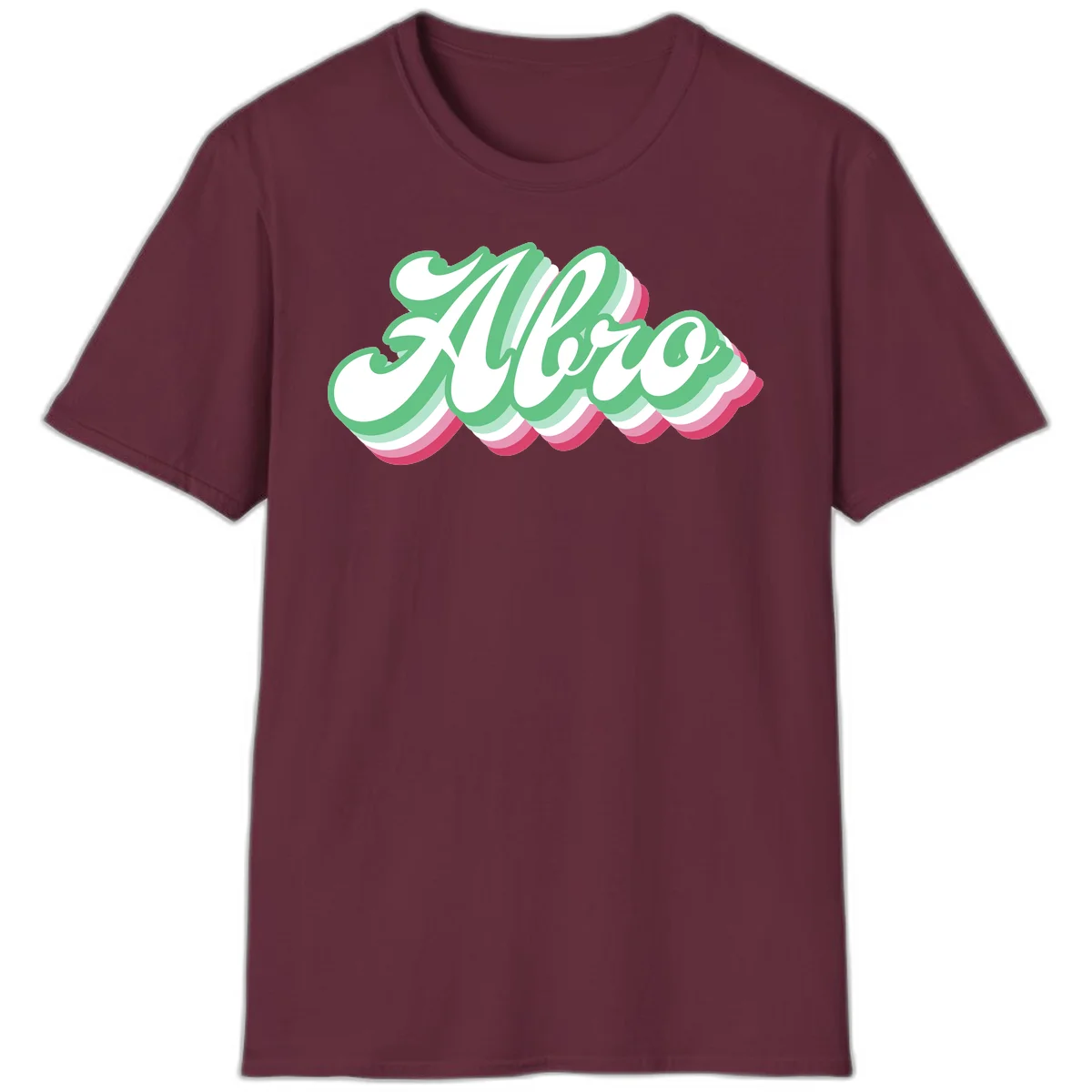Hello wavy pride design featuring bold 3D layered text in green, pink, and white with striped pattern effect in Maroon