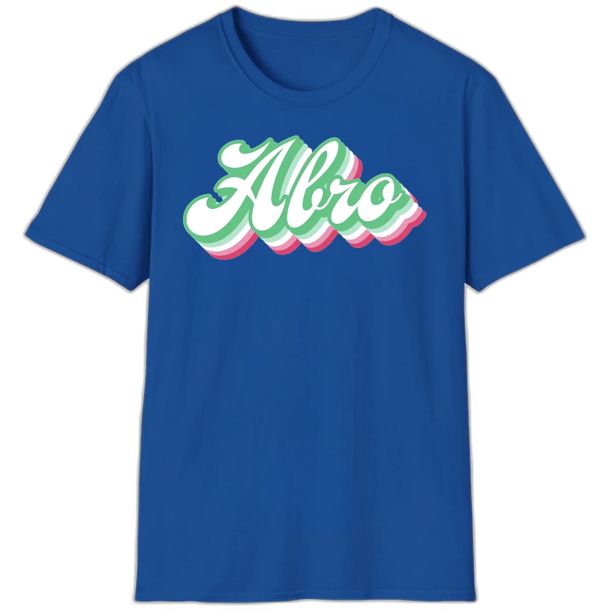 Hello wavy pride design featuring bold 3D layered text in green, pink, and white with striped pattern effect in Royal