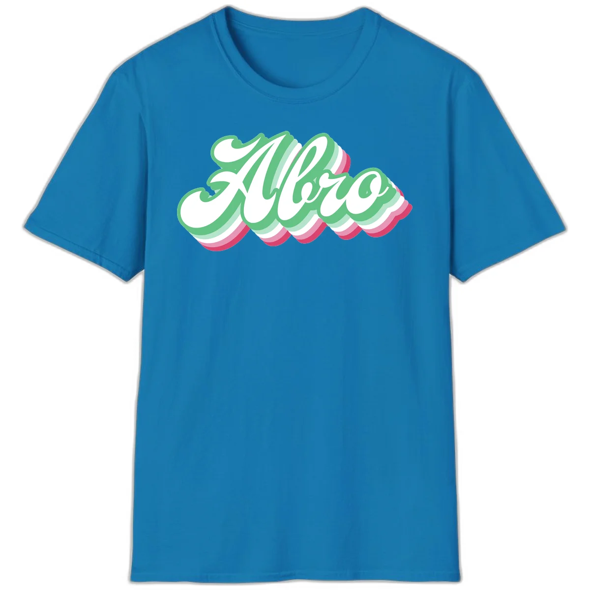 Hello wavy pride design featuring bold 3D layered text in green, pink, and white with striped pattern effect in Sapphire