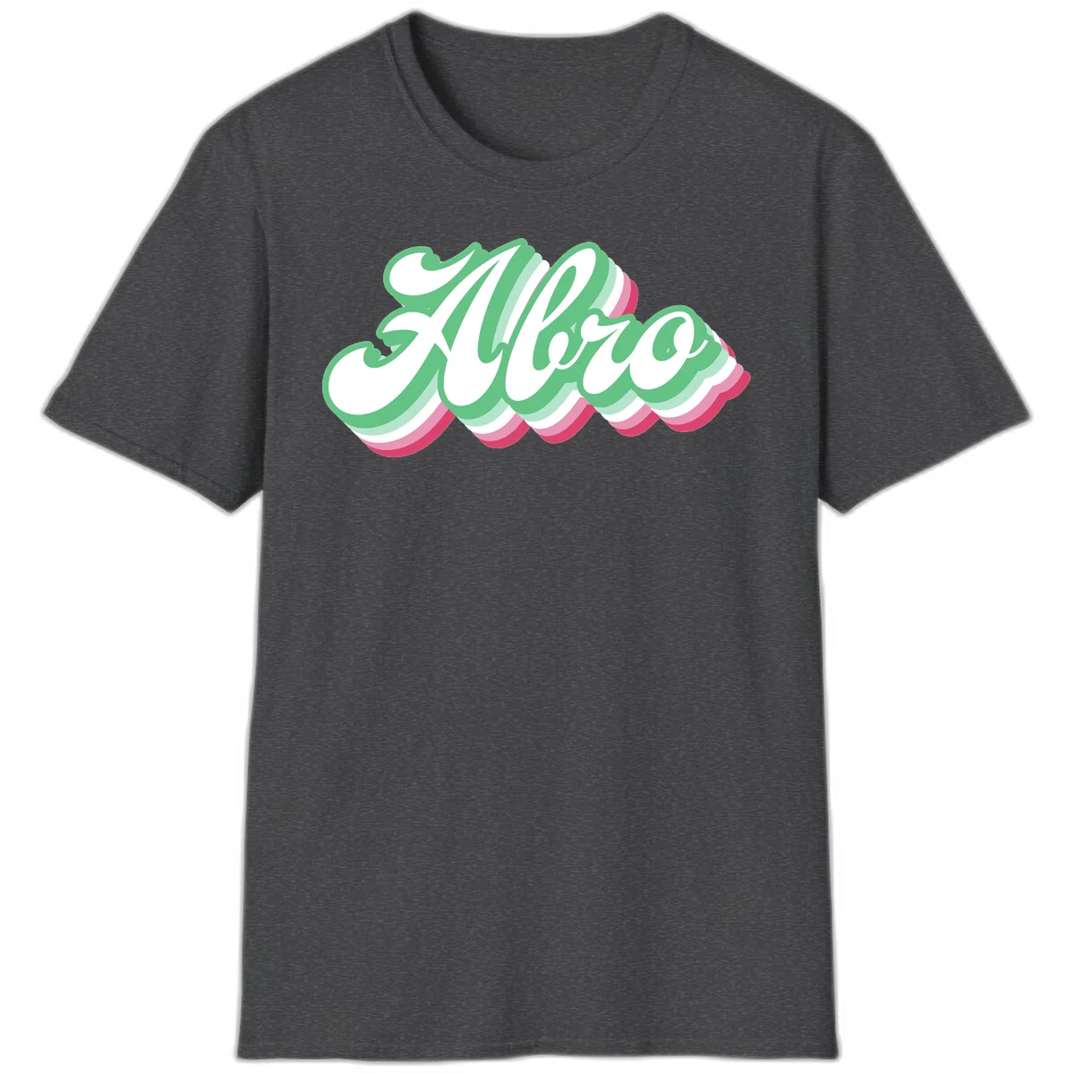 Hello wavy pride design featuring bold 3D layered text in green, pink, and white with striped pattern effect in Dark Heather