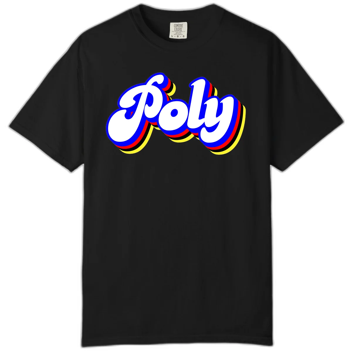 Bold retro 'POP' text with 3D blue outline and colorful red, yellow, black striped bands on gray background in Black