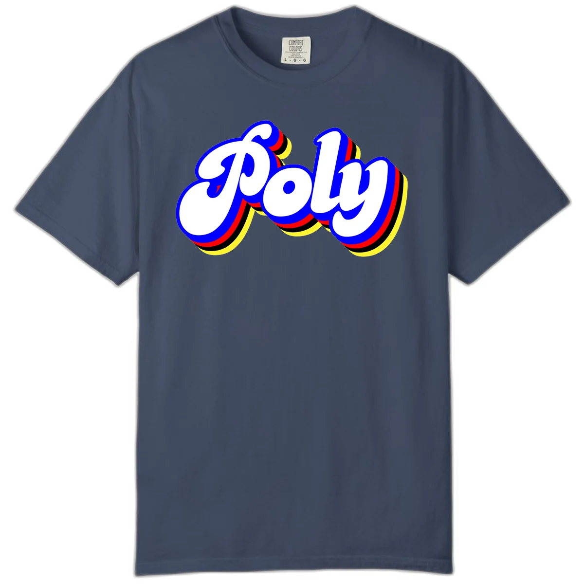 Bold retro 'POP' text with 3D blue outline and colorful red, yellow, black striped bands on gray background in Midnight