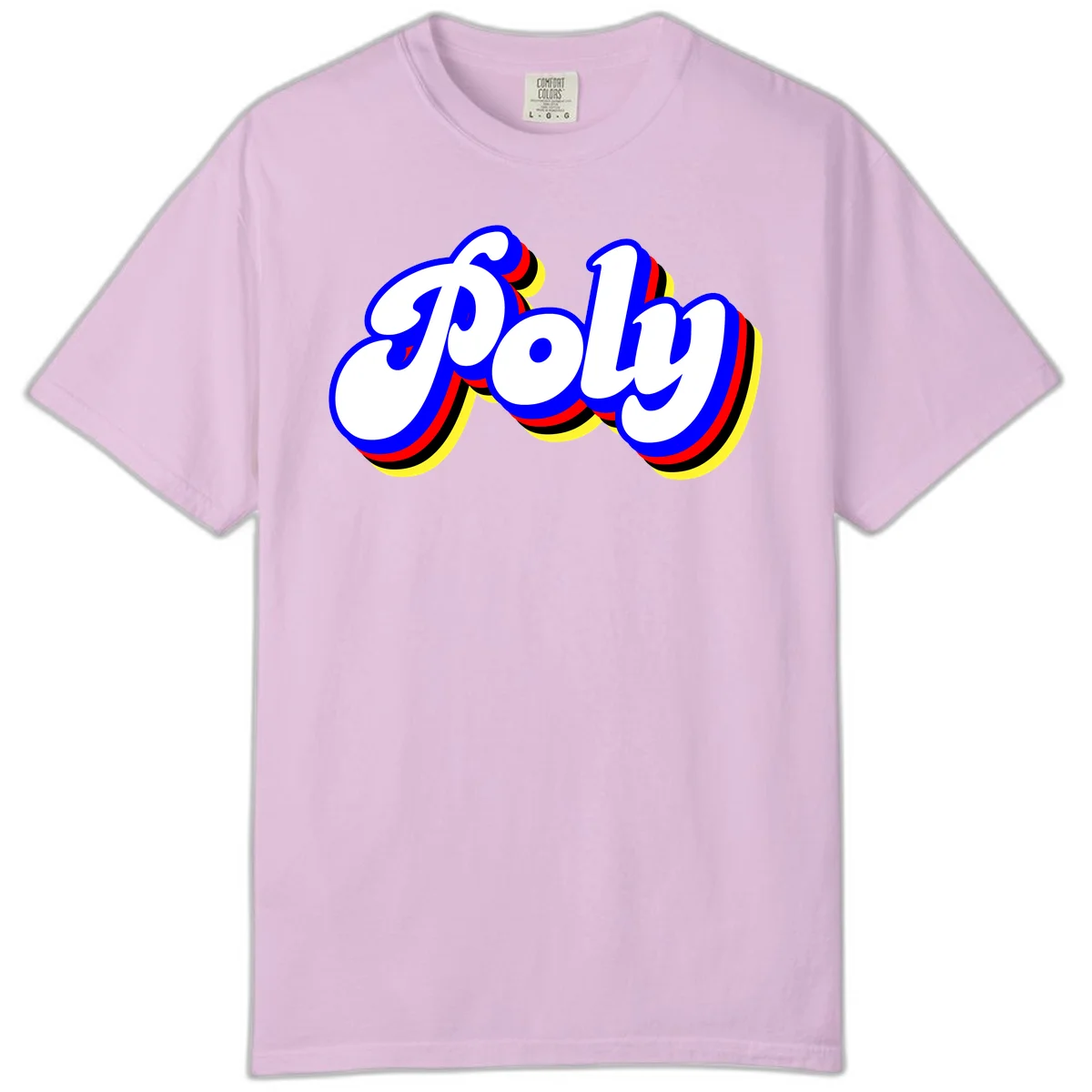 Bold retro 'POP' text with 3D blue outline and colorful red, yellow, black striped bands on gray background in Orchid