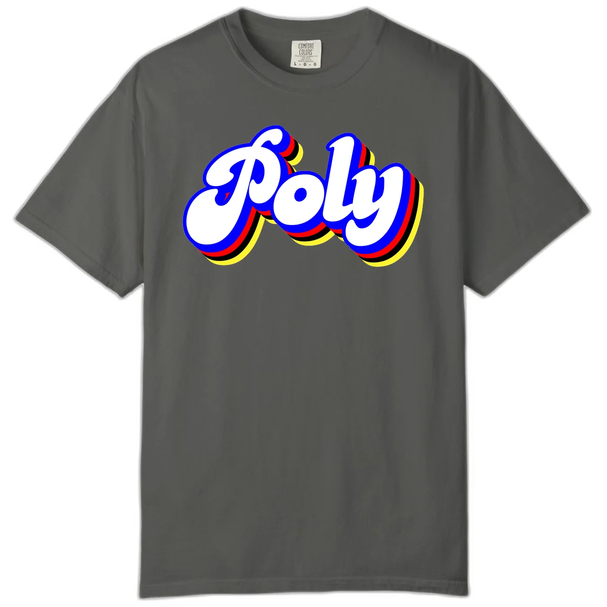 Bold retro 'POP' text with 3D blue outline and colorful red, yellow, black striped bands on gray background in Pepper